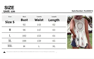 Size chart for women's V-neck sleeveless top with feather print and lace hollow back