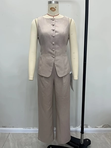 Chic beige sleeveless vest and high-waist wide-leg trousers two-piece set for women