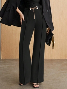 Women High Waist Straight Leg Pants With Metal Chain Belt Tassel Elegant Office Commute Solid Wide Leg Trousers Spring Autumn