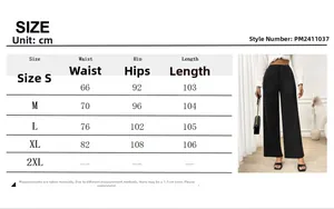 Size chart for women's high waisted wide leg dress pants with detailed measurements