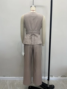 Women's 2-piece summer set with sleeveless tie-waist top and wide-leg pants in oat beige