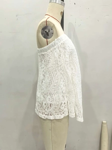 Detail of white crochet lace off-shoulder top showing floral patterns and scalloped edges