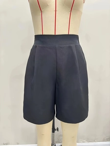 Detailed front view of high-waisted black wide-leg dress shorts on a mannequin