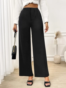Elegant high-waisted black wide-leg trousers for professional office wear with a pleated design