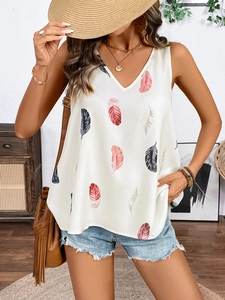 Women's V-neck sleeveless tank top with feather silhouette print and lace hollow details