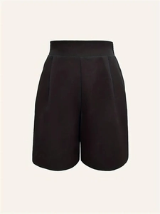 Women's high waisted wide leg dress shorts in black woven fabric with pleated front