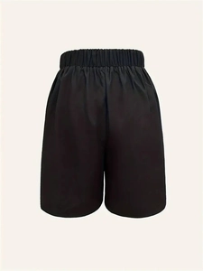 Women's high waist black wide-leg dress shorts with elastic pleated waistband for casual style
