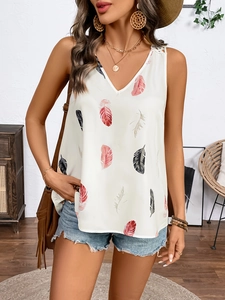 Women's V-neck sleeveless tank top with feather print and lace hollow-out details
