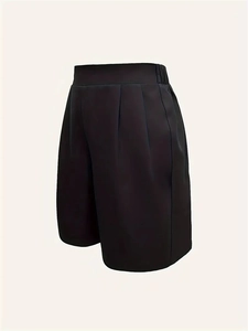 Women high waist pleated wide leg formal shorts in black minimalist woven dress fabric