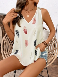 Women's V-neck sleeveless top with feather silhouette print and lace hollow details