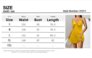 Detailed size chart for the yellow bowknot beach dress with measurements for S to XL