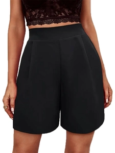Women's high waist black formal shorts with A-line wide leg cut and pleated detail