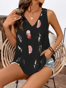 Detail of V-neck sleeveless top featuring feather silhouette print and lace shoulder detail