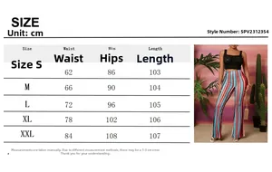 Size chart for hippie flared pants showing waist, hip, and length measurements in centimeters