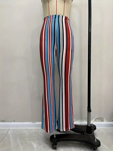 Women's high-waisted flare pants with vibrant vertical rainbow stripes and slim fit design