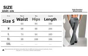 Tabla de tallas detallada para pantalones de yoga acampanados con diseño fruncido