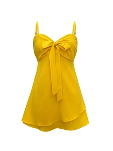 Ginger yellow bow mini sun dress with ribbed texture and layered hem for summer beach