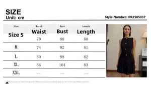 Size guide table for sleeveless mini dress featuring gold buttons and pleated hem details