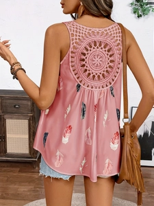 Pink bohemian tank top featuring intricate circular crochet hollow-out back design
