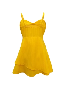 Elegant yellow bow strap beach dress with ribbed texture and ruffled hem for summer
