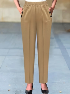 Women's khaki plaid trousers with high elastic waist and decorative buttons on pockets