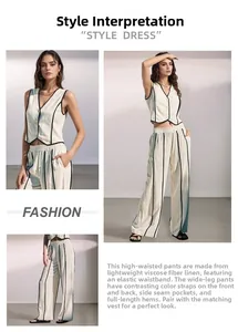 Détail d'un ensemble deux pièces rayé avec gilet sans manches col V et pantalon large