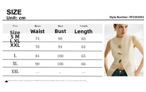 Size chart and measurement guide for sleeveless vest with decorative gold buttons