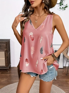 Detail of pink V-neck tank top with colorful feather print and lace hollow-out design
