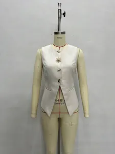 Women's solid sleeveless vest with unique decorative artistic buttons and sharp V-hemline