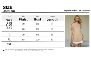 Detailed size chart for the beige sleeveless pleated dress showing S to XL measurements