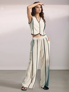 Ensemble Deux Pièces Élégant à Rayures pour Femmes en Viscose Lin Haut Gilet Sans Manches et Pantalon Large Top And Bottom Set