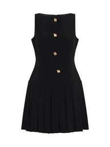 Elegant sleeveless black pleated mini dress featuring decorative gold buttons and a slim fit