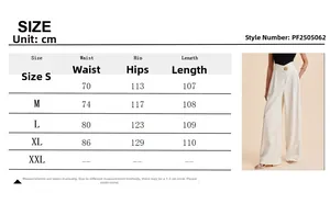 Detailed size chart for high-waisted wide-leg pants with measurements in centimeters