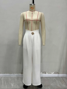 Elegant high-waisted wide-leg white trousers featuring a refined gold embossed button detail