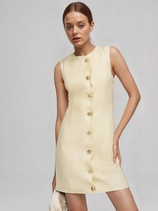 Damen Elegant Ärmelloses Minikleid Sommer Slim Fit Wellenkante Knopf Einfarbig Viskose Socialite Stil Kurzes Kleid