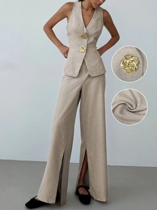 Ensemble 2 pièces pour femme avec gilet à col en V, boutons roses et pantalon large