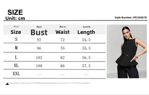 Size chart for sleeveless peplum vest top showing chest and waist measurements in cm