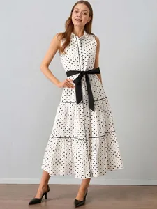 Abito Maxi a Balze Senza Maniche a Pois da Donna Elegante Colletto a Revers Con Cintura per Vacanze Estive Festa