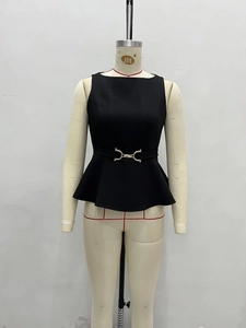 Women's elegant black sleeveless peplum vest with gold metal horsebit waist belt