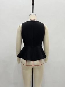 Women's elegant black sleeveless round neck peplum top with back zipper closure