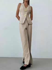 Tenue Femme Élégante Gilet Sans Manches Col V Et Pantalon Large Kaki Couleur Unie Décontracté Navettage Top And Bottom