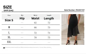 Size chart for solid color mesh fishtail skirt with elastic waist and slimming fit