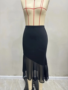 Elegant black high waist mesh midi skirt with asymmetrical fishtail hem and elastic waist