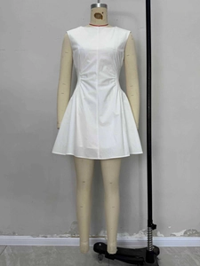 Elegant white sleeveless A-line dress with flattering waist pleats and a classic round neck
