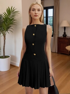 Women Elegant Sleeveless Round Neck Pleated Mini Dress With Gold Decorative Buttons Back Zipper High Waist Solid Party Dress
