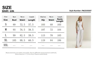Size chart for sleeveless vest and wide leg pants suit, style PW2505087 with measurements