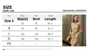 Size chart for sleeveless button-down dress with measurements for S to XL sizes
