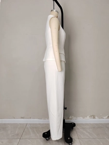 Women's chic white two-piece set featuring sleeveless tailored vest and wide leg trousers