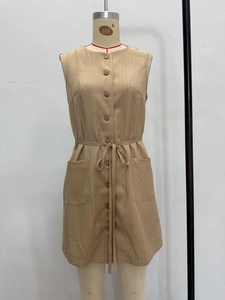 Summer sleeveless striped khaki shirt dress with button-down front and waist tie