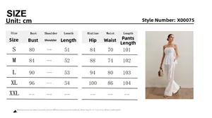 Tableau des tailles détaillé pour ensemble haut blanc épaules nues et pantalon large chic